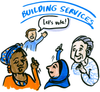 Four people are smiling, each with one arm pointing upwards. There is a speech bubble coming from one of them with the words Let's vote! inside of it. The words BUILDING SERVICES appear and the words DECISIONS MADE IN THE COMMUNITY