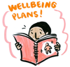 The words Wellbeing Plans! appear above an illustration of a man reading a red booklet.