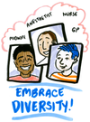 Three portaits of healthcare workers of differing ages, ethnicities and genders. Above, the words Midwife, Anesthetist, Nurse and GP are written. Below, the words EMBRACE DIVERSITY! appear in large writing. 