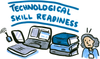 The words Technological Skill Readiness are written above a laptop computer, a mobile phone, several books and a woman with grey hair.