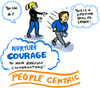 A person says 'You can do it!' to someone walking away. A thought bubble above the walking person says 'This is a lifetime skill to learn'. A cloud below includes the text 'Nurture courage to have difficult conversations. Beneath the images is the text 'PEOPLE CENTRIC'